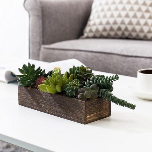 Artificial Succulent Arrangement in Rustic Dark Brown Wood Planter