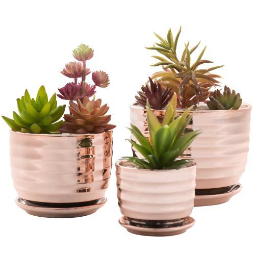 Ceramic Copper Planter Pots with Saucer, Set of 3