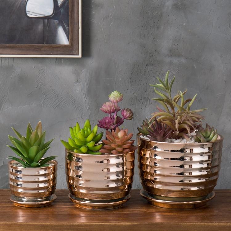 Ceramic Copper Planter Pots with Saucer, Set of 3