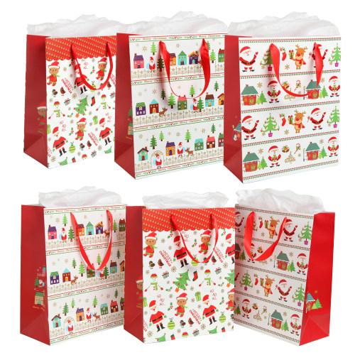 Festive Christmas Gift Bags with Tissues - Set of 6