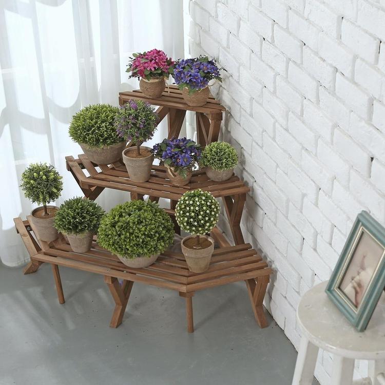 3 Tier Freestanding Rustic Brown Wood Corner Shelf Planter Stand - MyGift Enterprise LLC