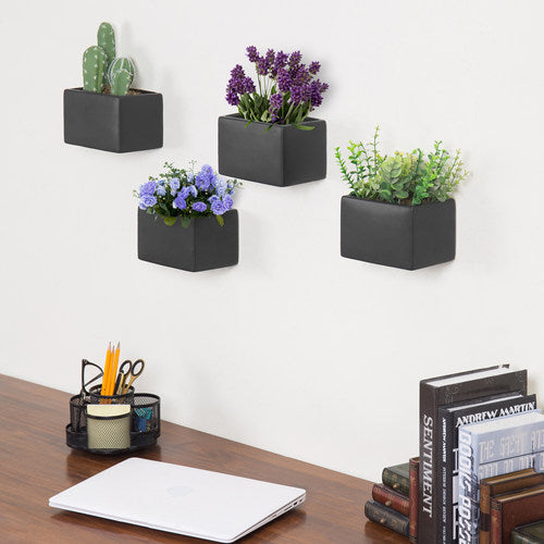 Set of 4 Black Ceramic Wall Hanging Succulent & Herb Planter Box