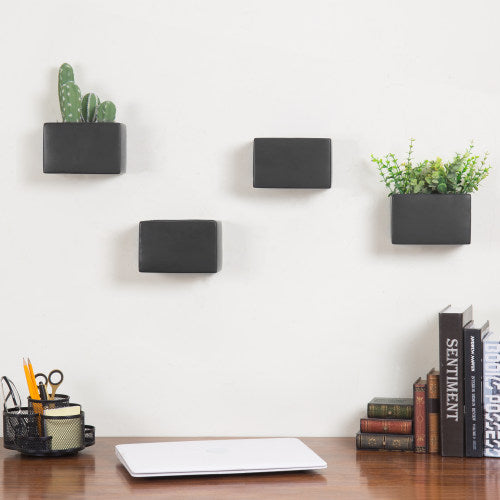 Set of 4 Black Ceramic Wall Hanging Succulent & Herb Planter Box-MyGift