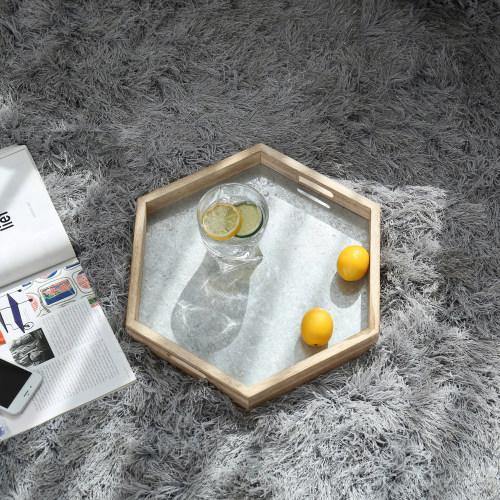 Vintage Rustic Hexagon Wooden/Wood Serving Tray with Metal Handles