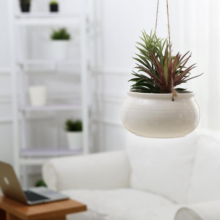 Mediterranean Style Round White Ceramic Hanging Planter Pot w/ Jute Twine String - MyGift Enterprise LLC