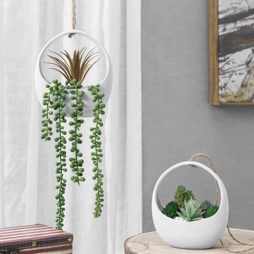 Modern White Ceramic Hanging Planters with Twine Rope, Set of 2 - MyGift