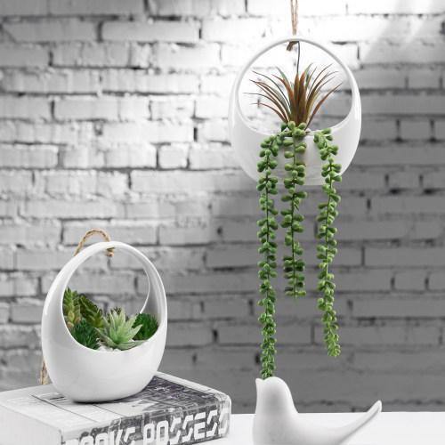 Modern White Ceramic Hanging Planters with Twine Rope, Set of 2 - MyGift