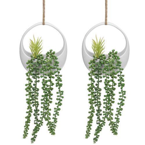 Modern White Ceramic Hanging Planters with Twine Rope, Set of 2 - MyGift