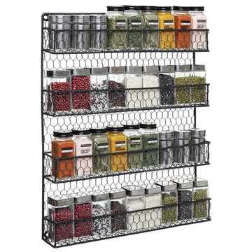 Hanging Wall Spice Rack with Black Wire and Torched Wood, Wall