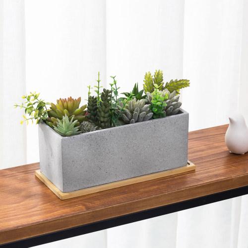 Rectangular Cement Planter with Bamboo Tray