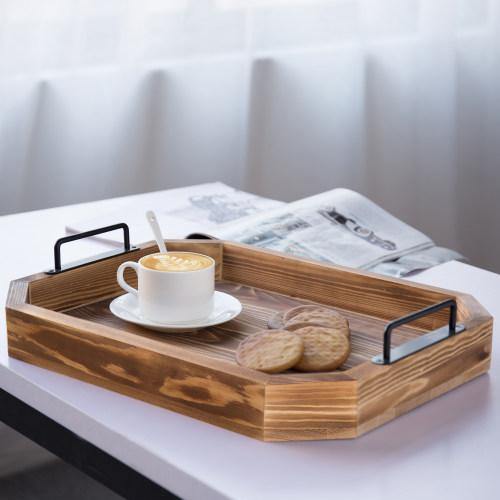 Rustic Burnt Wood Serving Tray with Metal Handles