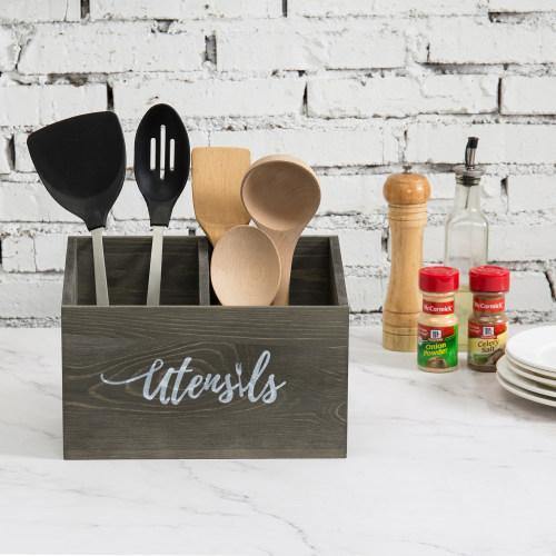 Kitchen Utensil Holder Organizer with 2 Compartments,Wood Flatware