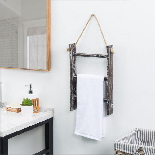 Wall Hanging Torched Wood Towel Ladder with Rope