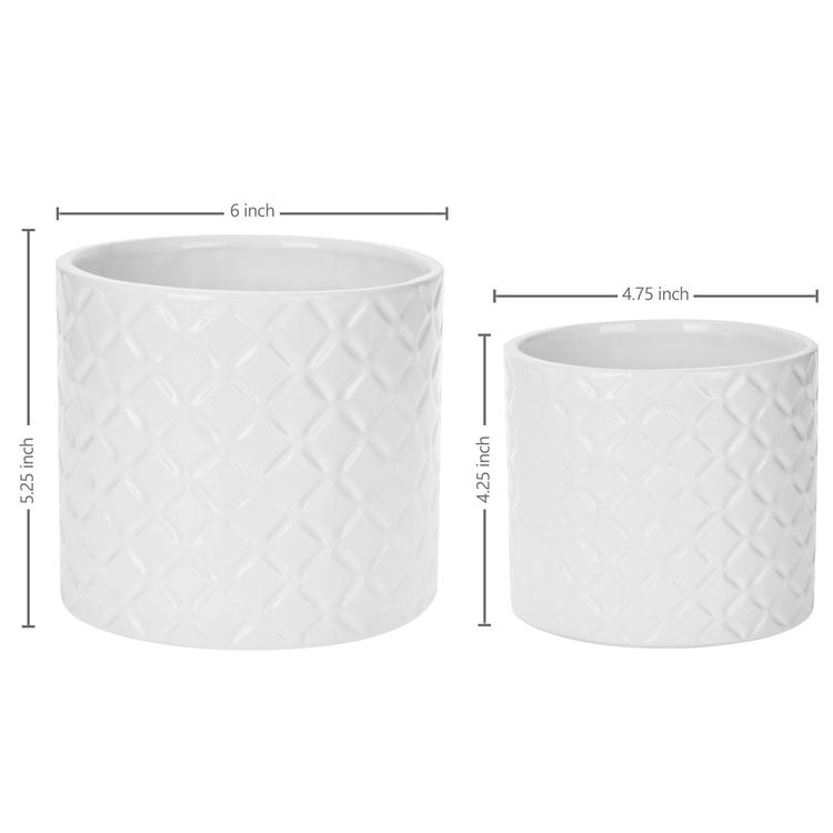 White Ceramic Diamond Pattern Planter Pots, Set of 2