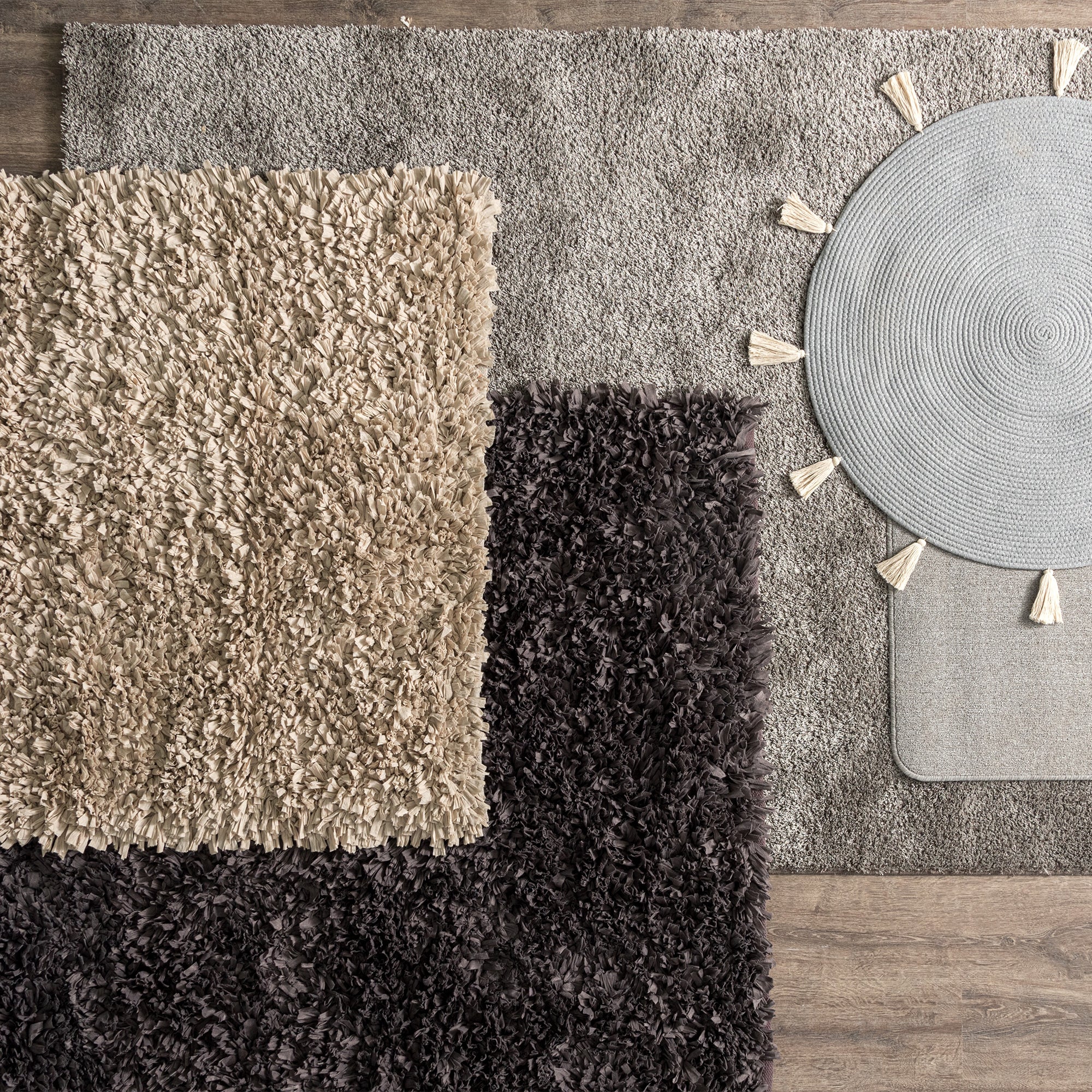 A variety of rug styles arranged as a collage with link to blog about tips for choosing rugs