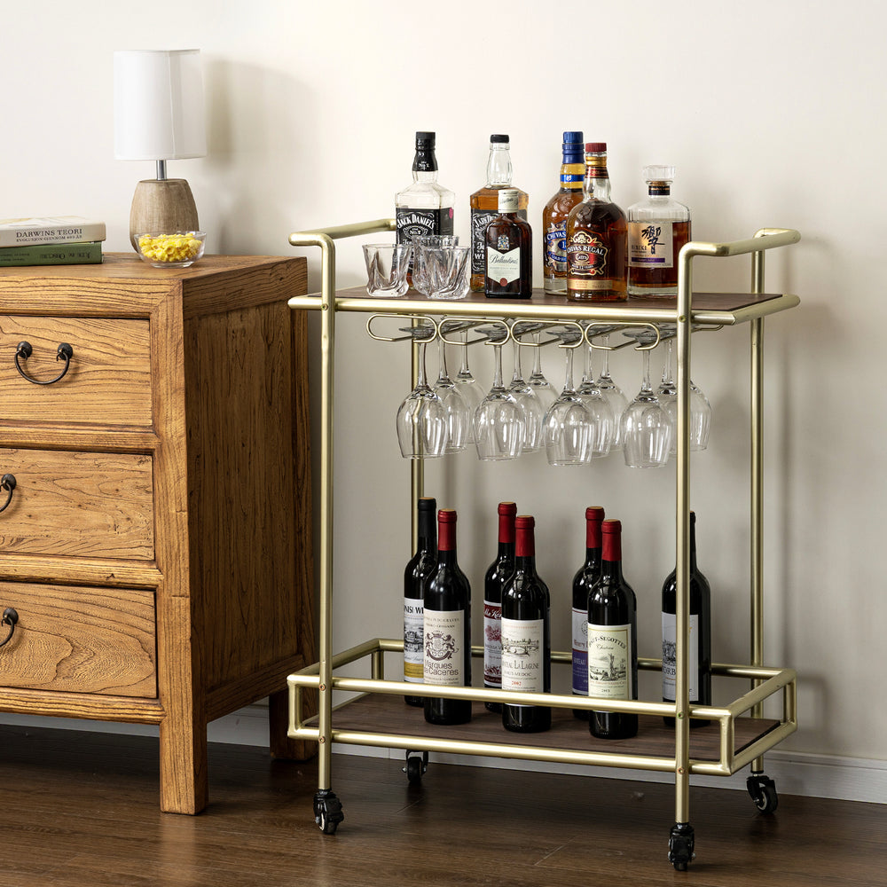 bar cart wine and liquor organized on cart with wheels