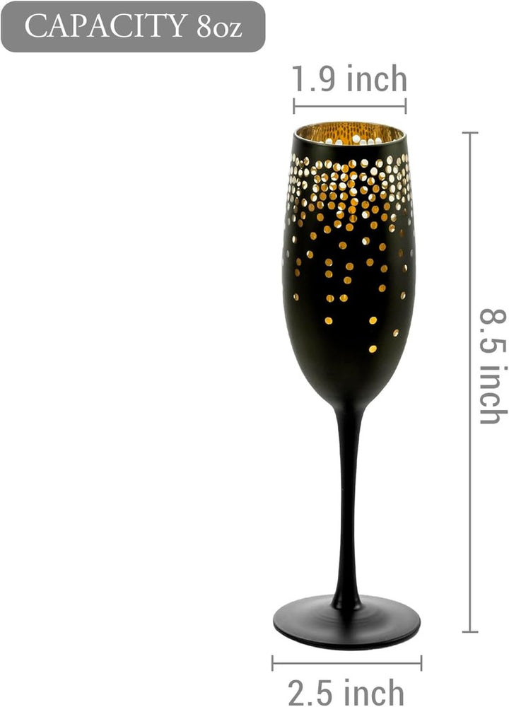 8 oz Matte Black Stemmed Champagne Flutes with Gold Interior and Etched Bubble Design-MyGift