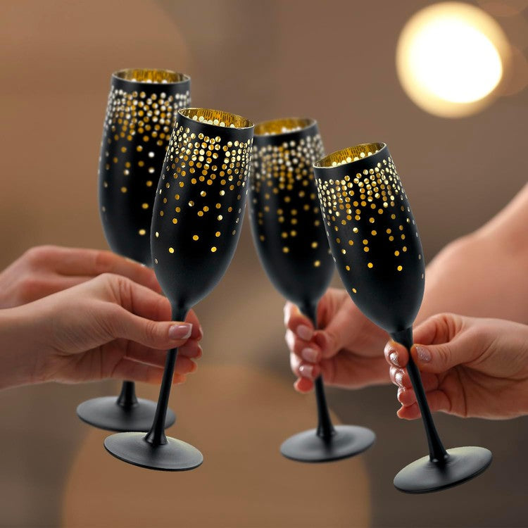 8 oz Matte Black Stemmed Champagne Flutes with Gold Interior and Etched Bubble Design-MyGift