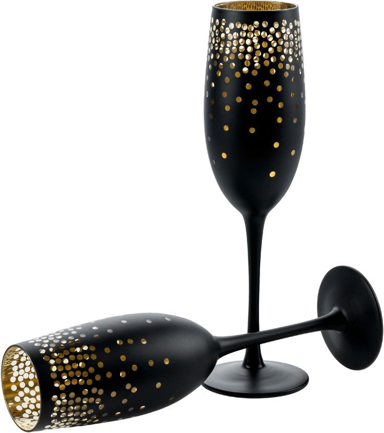 8 oz Matte Black Stemmed Champagne Flutes with Gold Interior and Etched Bubble Design-MyGift