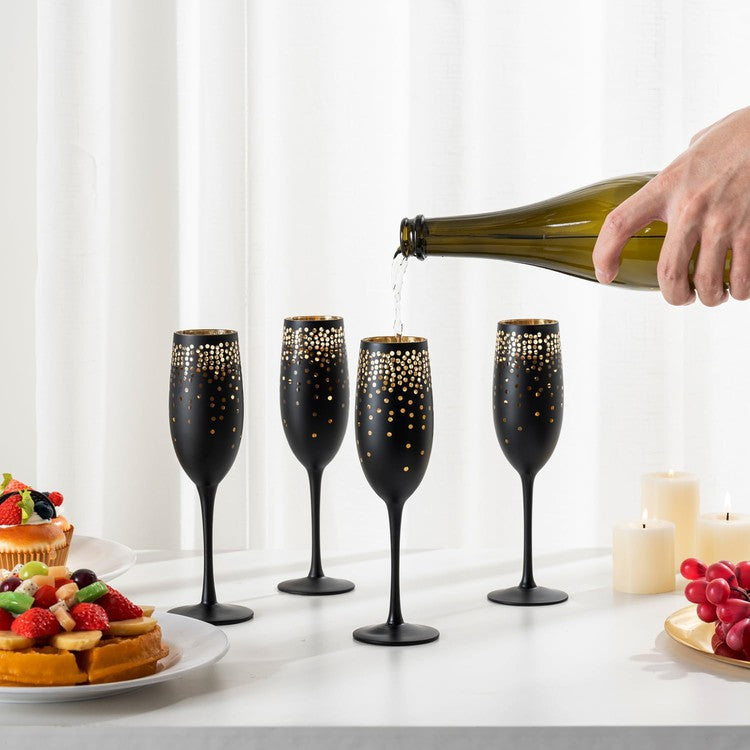 8 oz Matte Black Stemmed Champagne Flutes with Gold Interior and Etched Bubble Design-MyGift