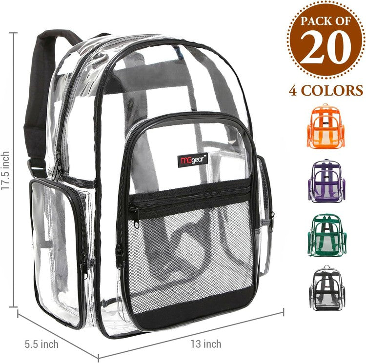 MGgear Wholesale 20-Pack Bulk Case Clear PVC 17 inch Backpacks Bundle includes Black, Orange, Purple, and Green Trim-MyGift