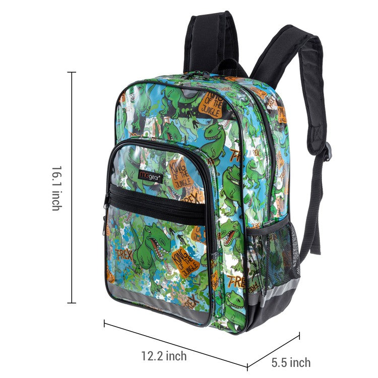 16 Inch Clear PVC School Backpack with Green Dinosaur Pattern and Black Trim-MyGift