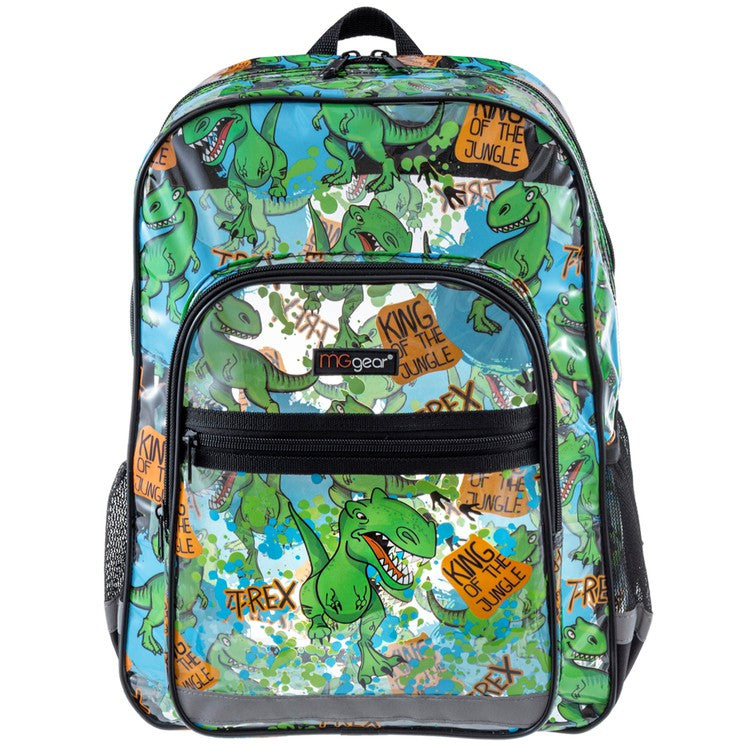 16 Inch Clear PVC School Backpack with Green Dinosaur Pattern and Black Trim-MyGift