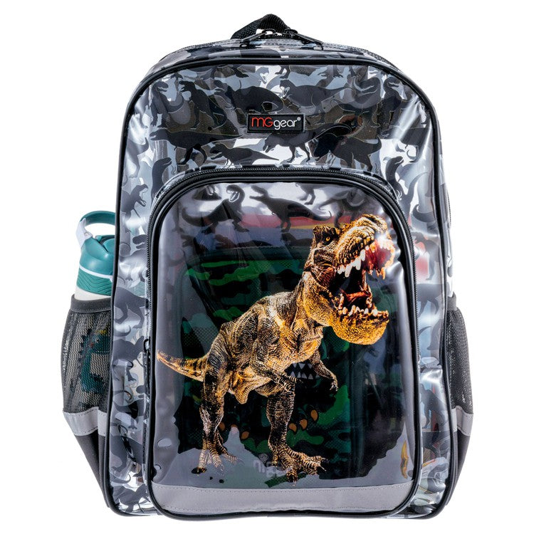 16 Inch Clear PVC School Backpack with Tyrannosaurus Rex, Dinosaur Silhouette Pattern, and Black Trim-MyGift