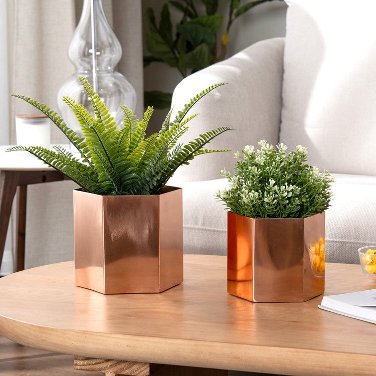 Handcrafted Metallic Shiny Copper Tone Metal Indoor Plant Vase Pot with Hexagon Shape, Handmade in India-MyGift