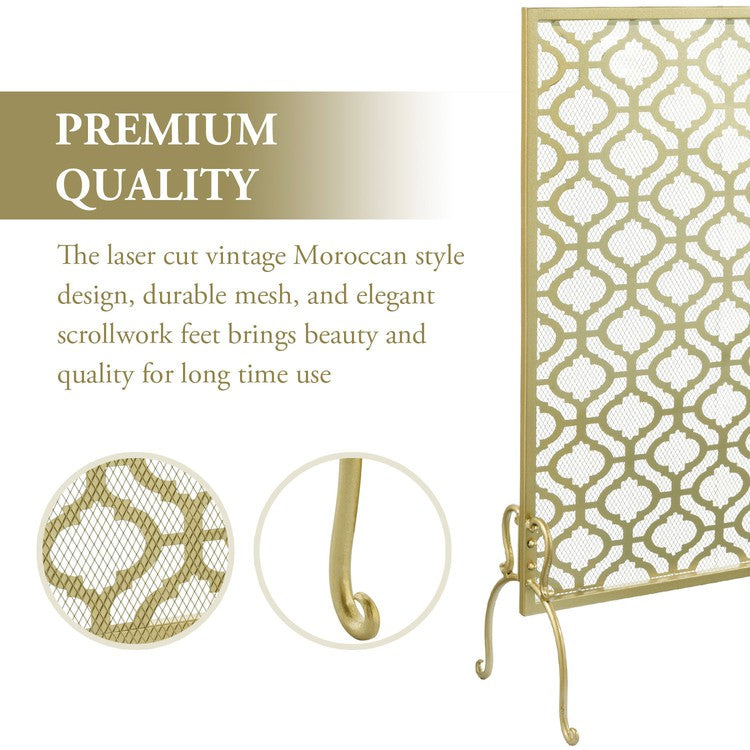 Brass Tone Metal Fireplace Screen with Vintage Moroccan Arabesque Pattern-MyGift