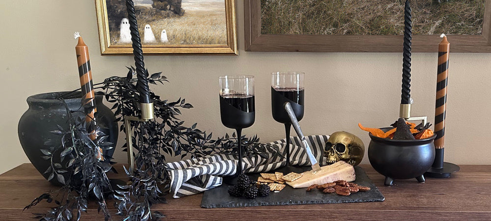 halloween table decor wine glasses skeleton