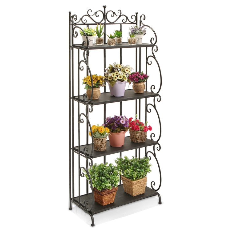 4 Tier Scrollwork Design Metal & Gray Wood Decorative Bookshelf / Indoor Plant Stand-MyGift