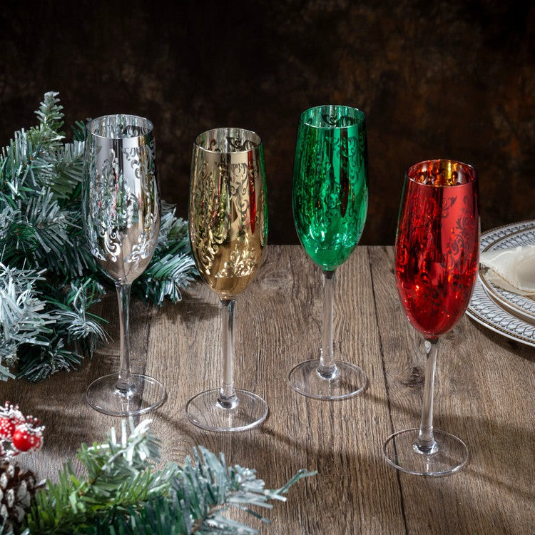 Set of 4, 6 oz Christmas Metallic Plated Stemmed Champagne Flutes, Holiday Multicolored Toasting Sparkling Wine Glasses-MyGift