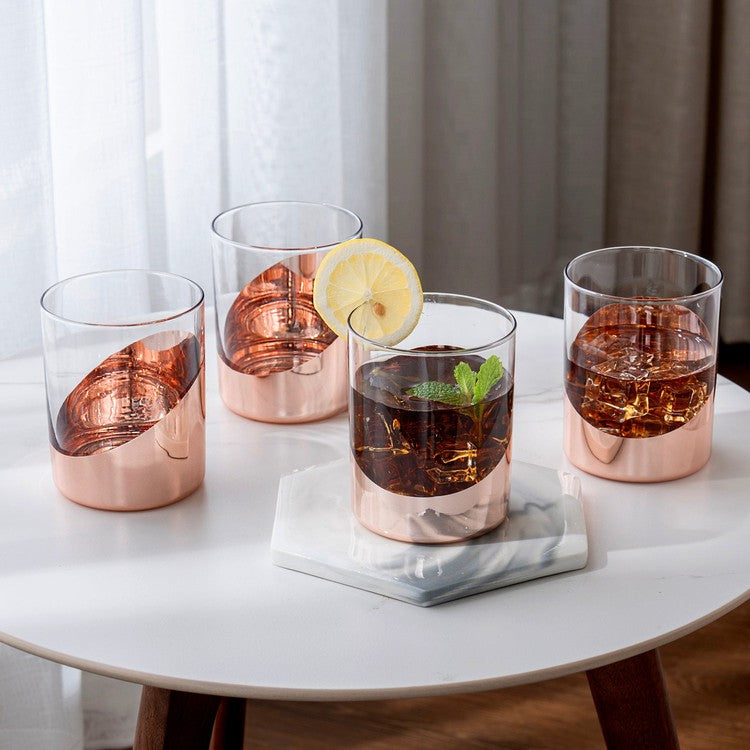 Copper Cocktail Glasses, Angled Dipped Design Lowball Whiskey Rocks Drinking Glass, Set of 4-MyGift