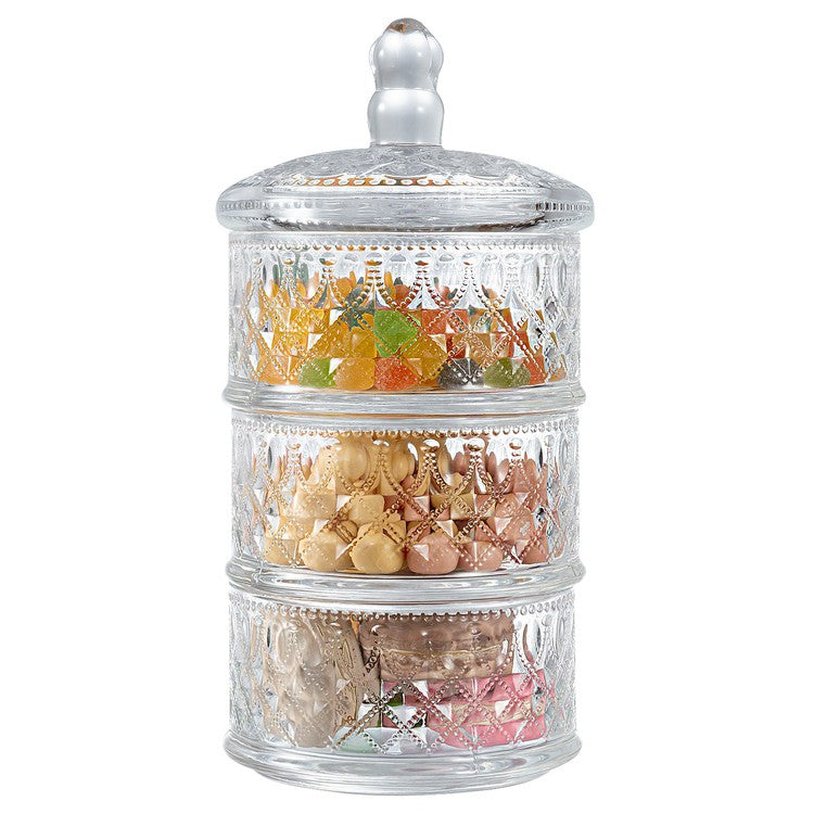 3 Tier Vintage Embossed Diamond Cut Pattern Clear Glass Stacking Storage Container, Candy Dish-MyGift