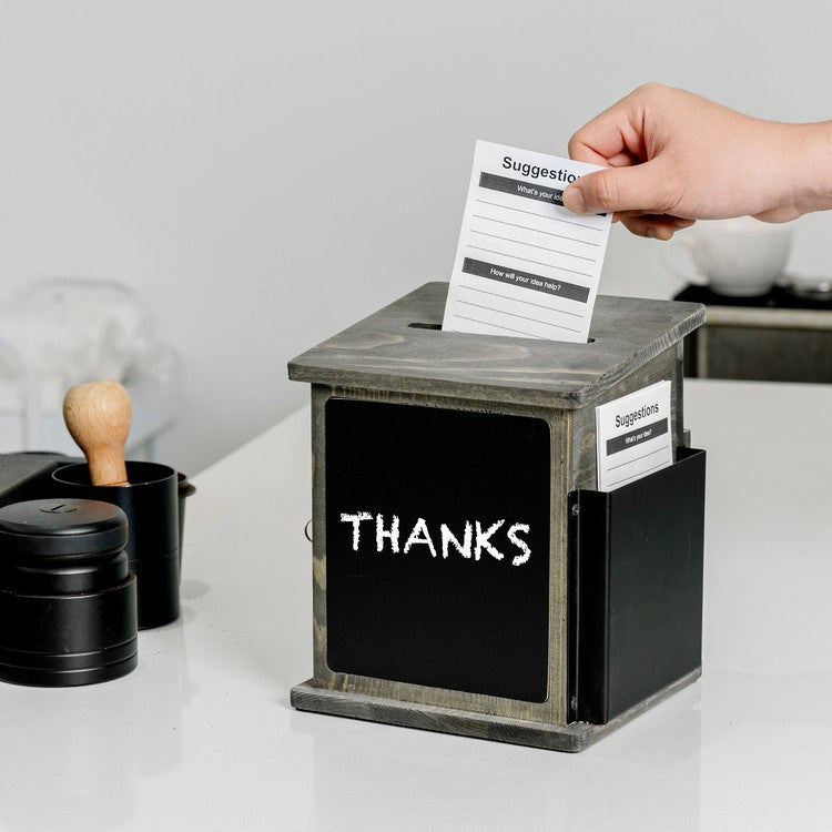 Wall Mountable Gray Wood Suggestion Box, Collection Drop Box w/ Chalkboard Label Sign, Top Slot, Lock, and Keys-MyGift