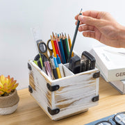 White Washed Solid Wood Rotatable Pencil Holders with Rotating Base and Decorative Corner Brackets-MyGift