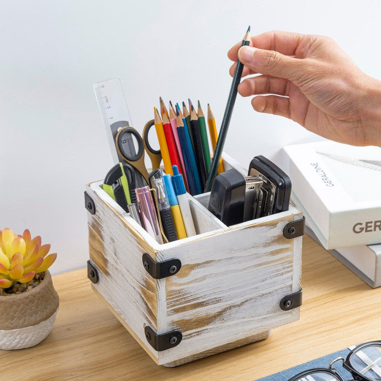 White Washed Solid Wood Rotatable Pencil Holders with Rotating Base and Decorative Corner Brackets-MyGift