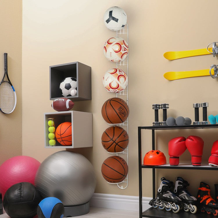 Wall Mounted White Metal Sports Ball Holder Rack, Vertical Storage for Basketballs, Volleyballs-MyGift