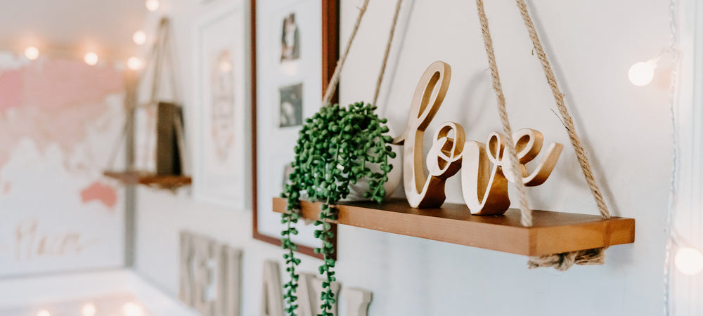 Wall Shelf with Love sign and faux string of pearl plant
