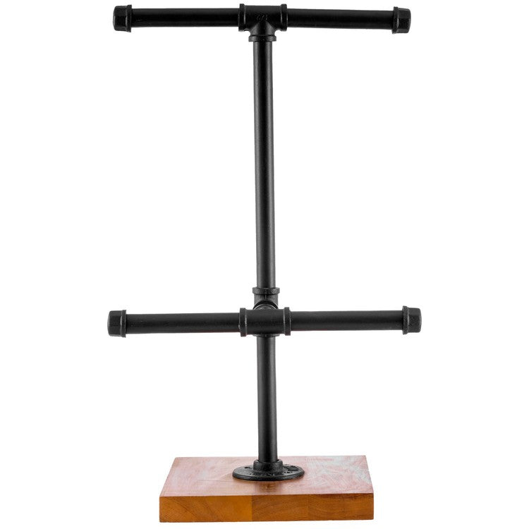 2-Tier Metal Industrial Black Pipe T-Bar Jewelry Display Rack and Necklace Hanger with Wood Base-MyGift