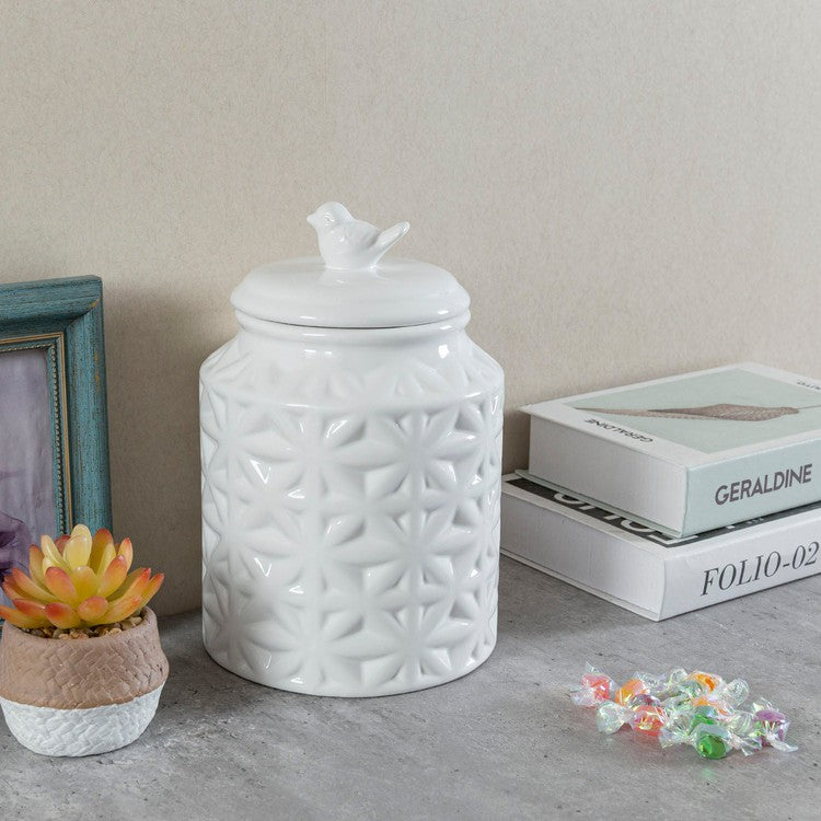 6 Inch Round White Ceramic Cookie Jar with Airtight Lid and Bird Shape Top Handle-MyGift