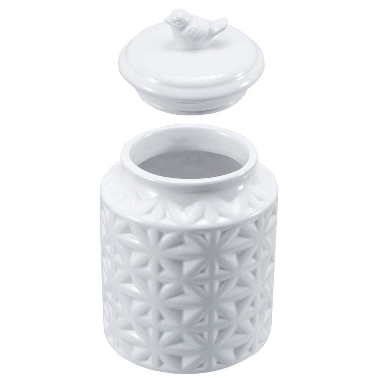 6 Inch Round White Ceramic Cookie Jar with Airtight Lid and Bird Shape Top Handle-MyGift