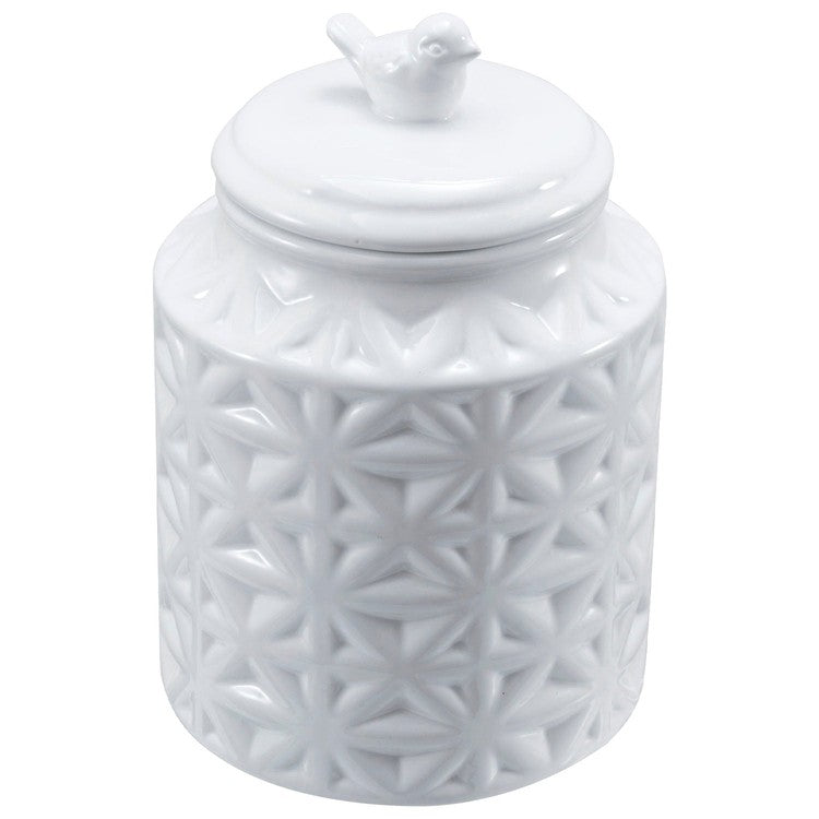 6 Inch Round White Ceramic Cookie Jar with Airtight Lid and Bird Shape Top Handle-MyGift