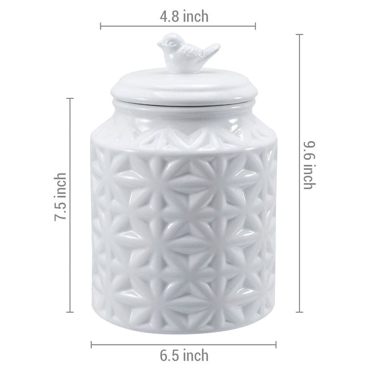 6 Inch Round White Ceramic Cookie Jar with Airtight Lid and Bird Shape Top Handle-MyGift