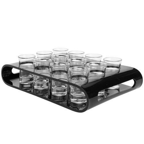 12 Shot Glass Flight Set with Black Acrylic Serving Tray - MyGift