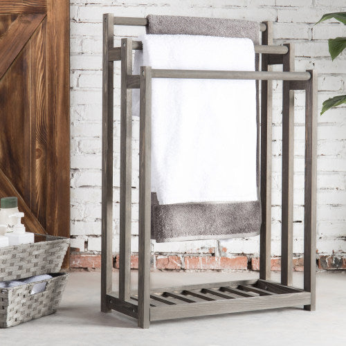 Gray Wood 3-Bar Towel Rack w/ Bottom Shelf-MyGift