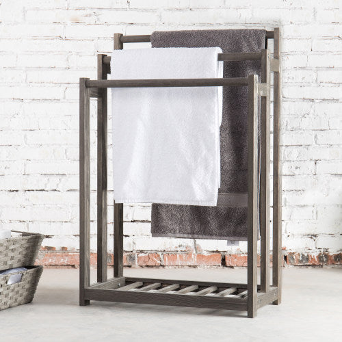 Gray Wood 3-Bar Towel Rack w/ Bottom Shelf-MyGift