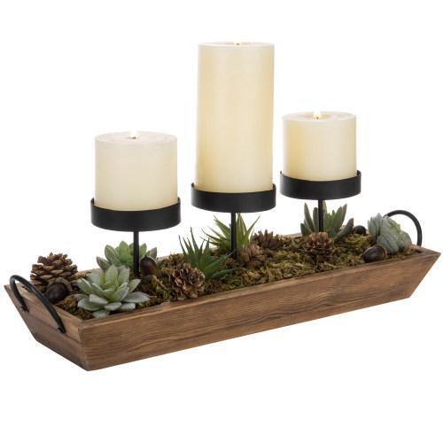 3-Pillar Candle Holder with Rustic Wood Tray - MyGift