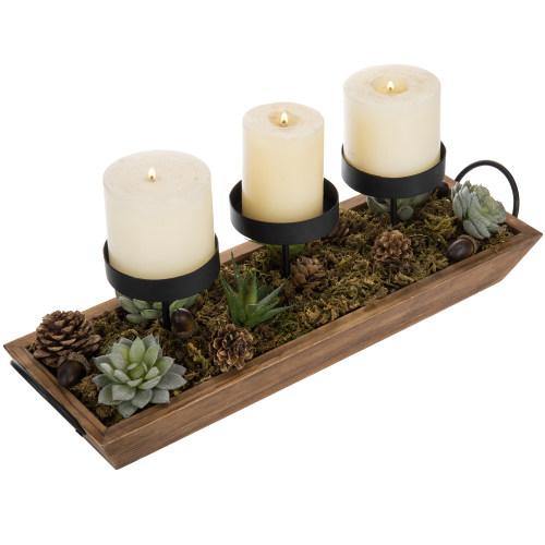 3-Pillar Candle Holder with Rustic Wood Tray - MyGift